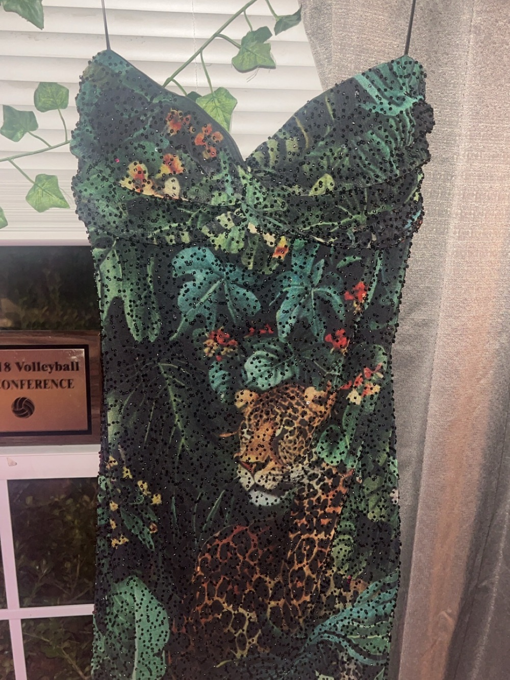 Windsor Green Tropical Leopard Slip Dress with Bead Embellishment